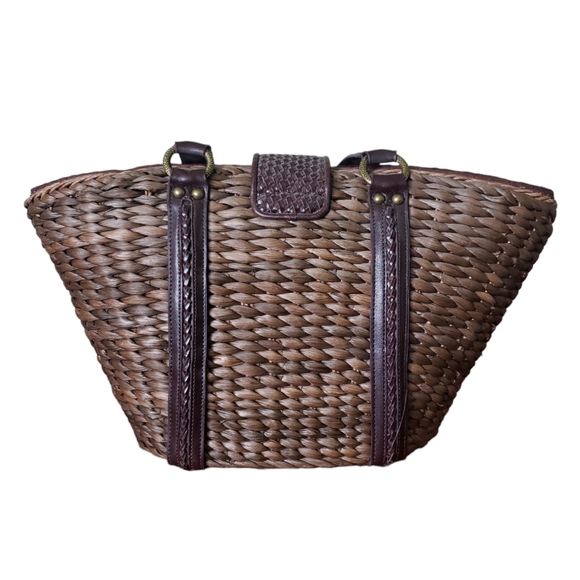 Coldwater Creek Woven Straw Brown Rustic Faux Leather Shoulder Bag Picnic Tote. - Picture 4 of 16